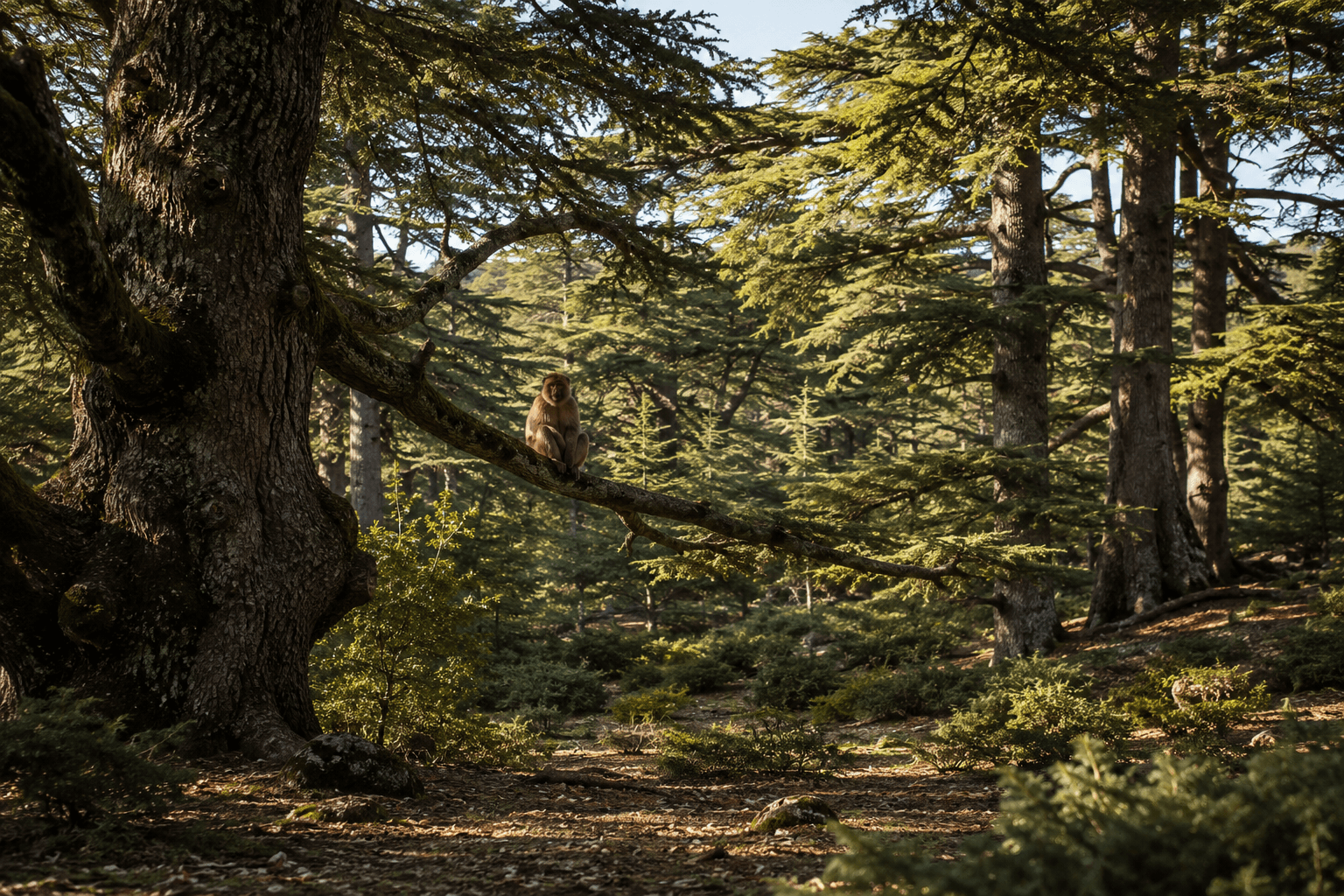 Ancient Atlas cedars near Azrou with dappled light through the canopy