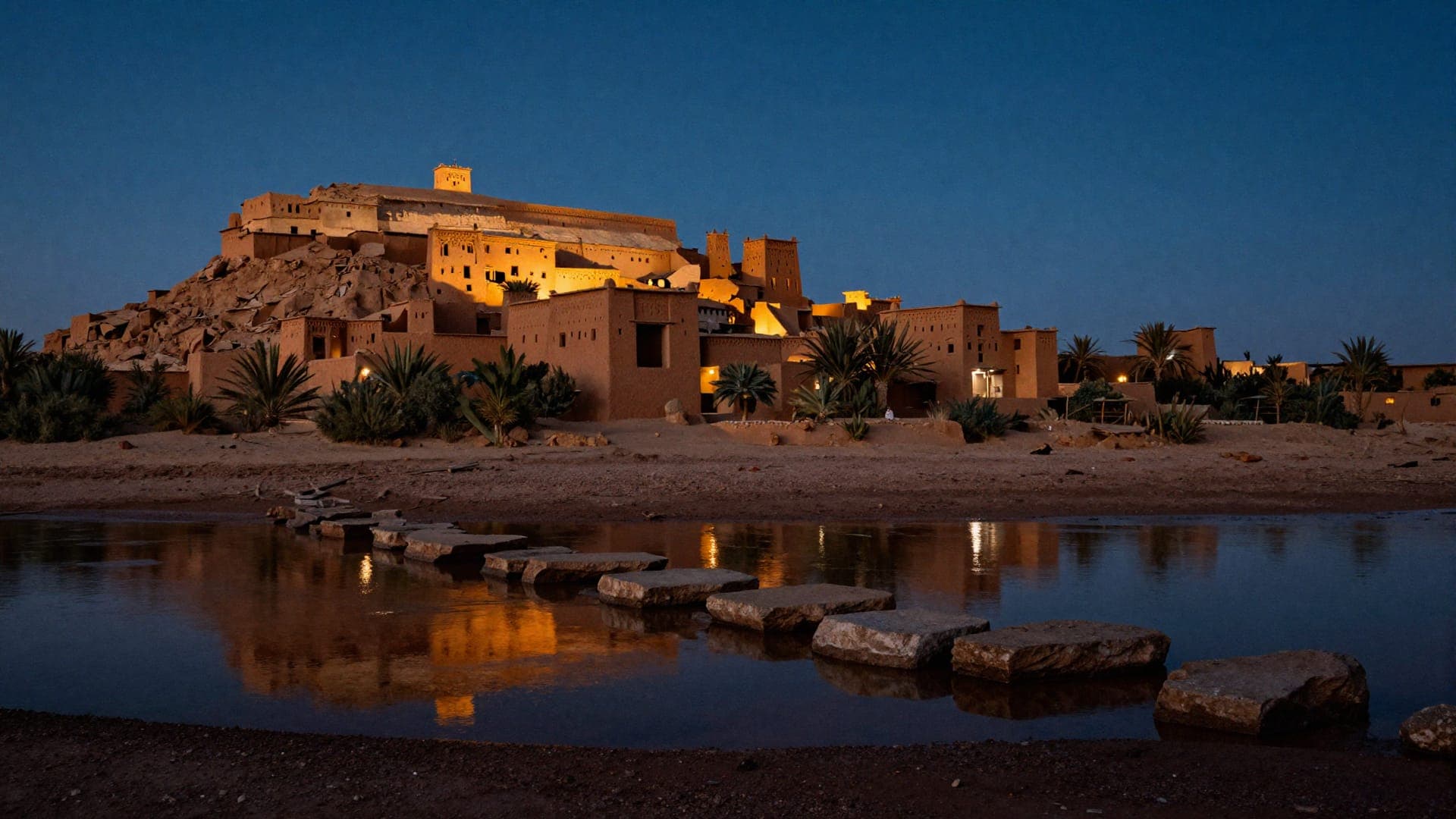 Aït Benhaddou reflected in the Ounila river at blue hour
