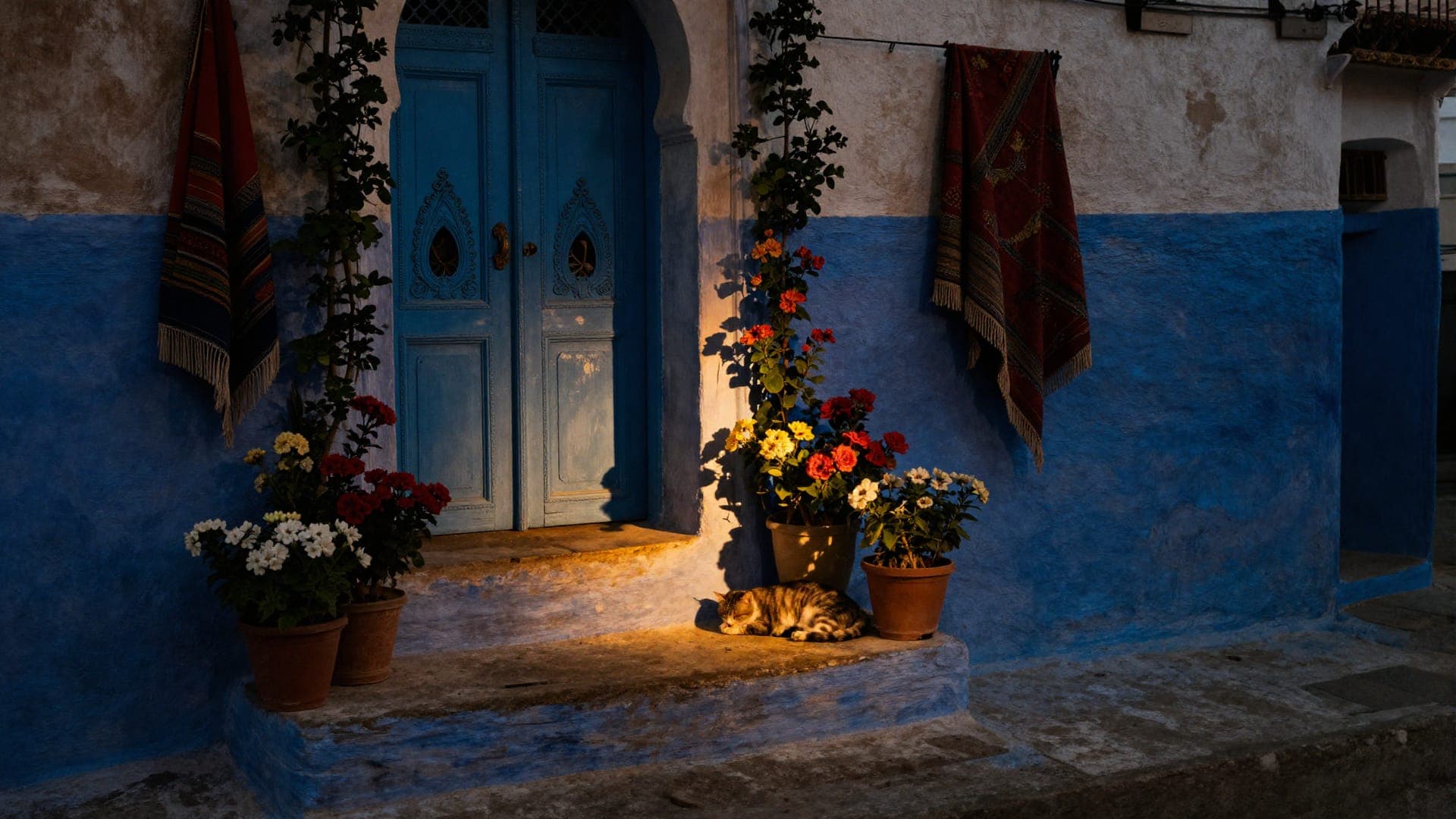 Carved blue doorway with potted flowers on an indigo stairway in Chefchaouen