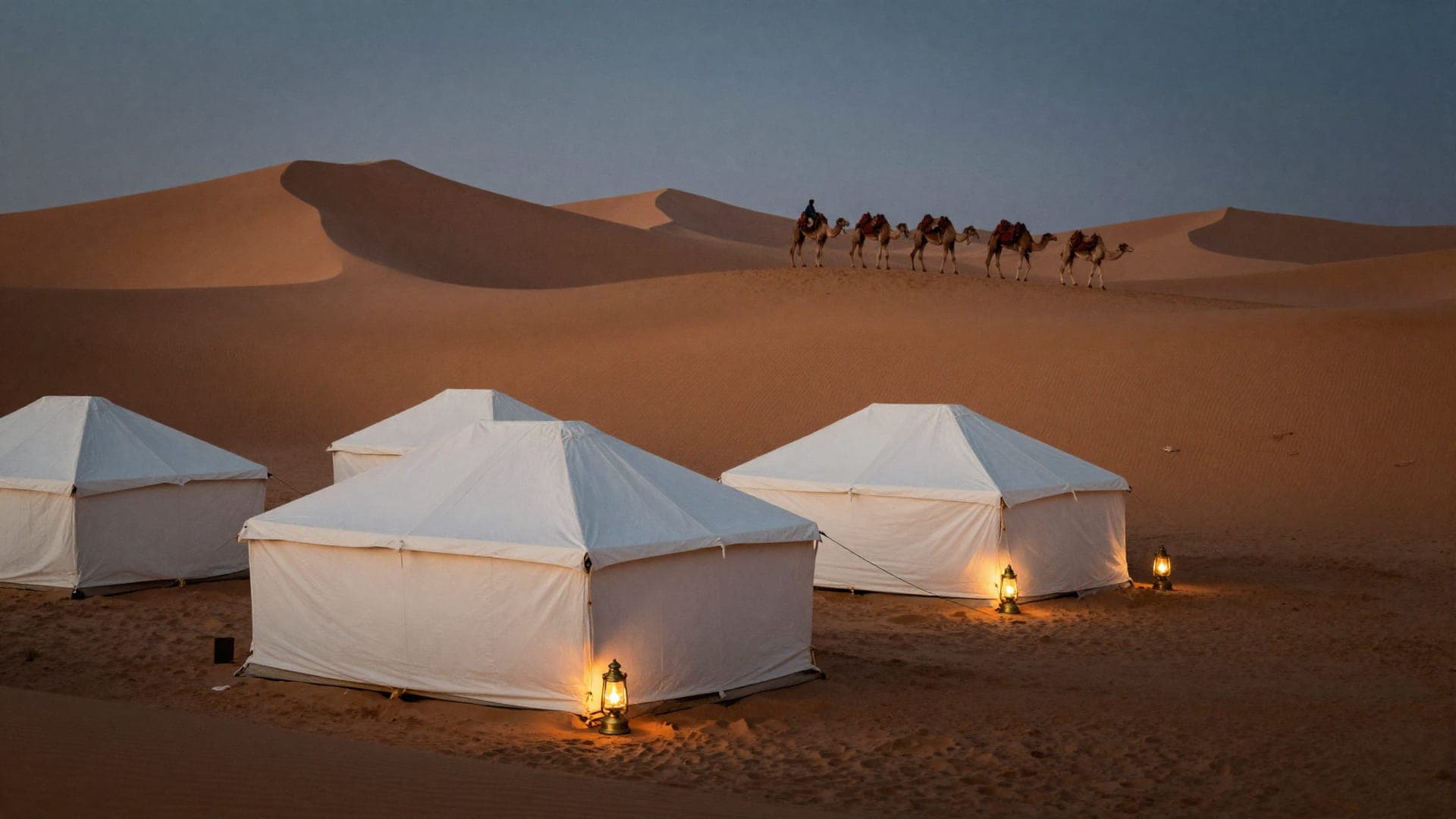 Luxury tented camp among the dunes of Erg Chebbi at last light
