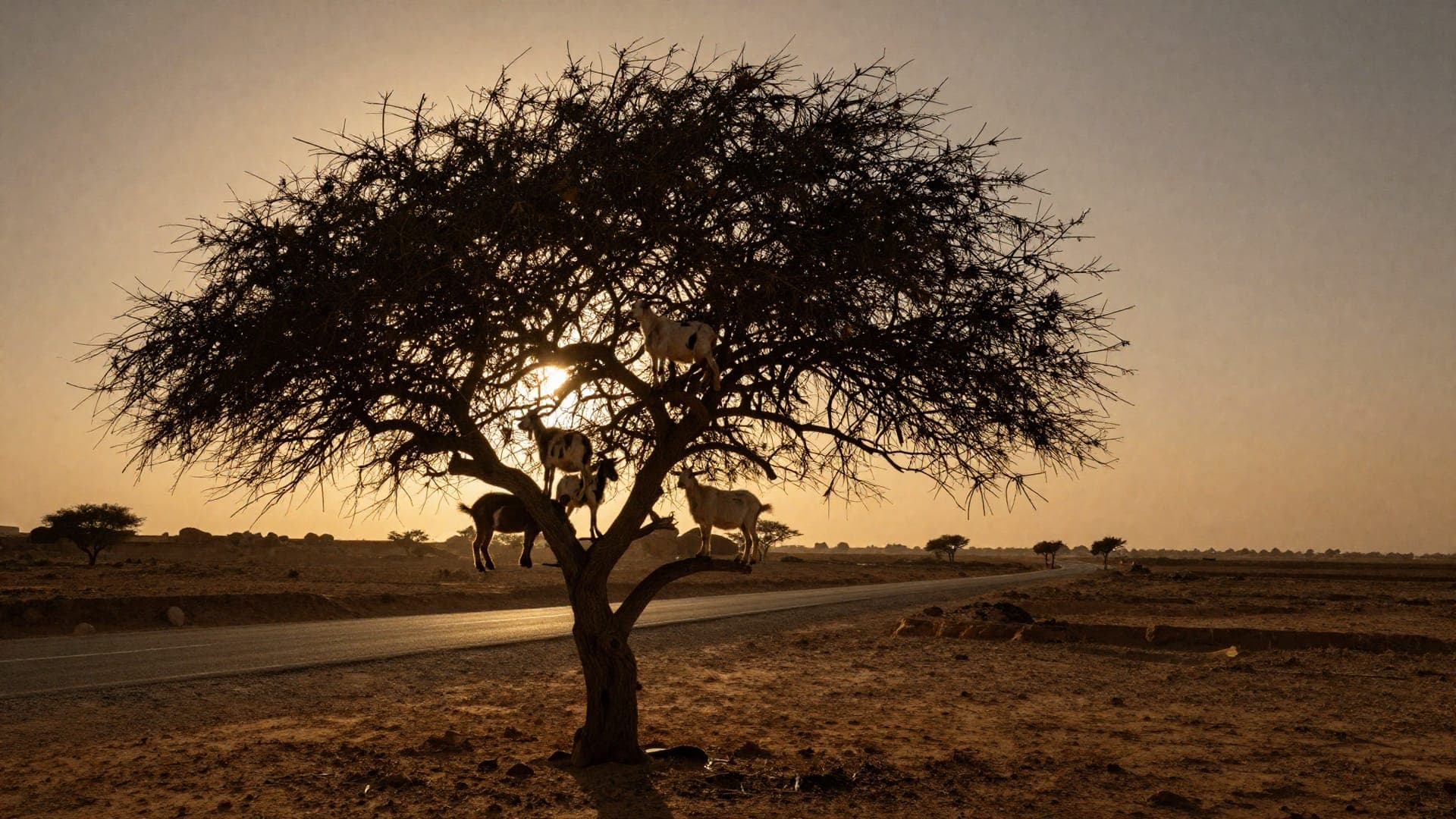 Goats perched in the branches of an argan tree on the road to Essaouira