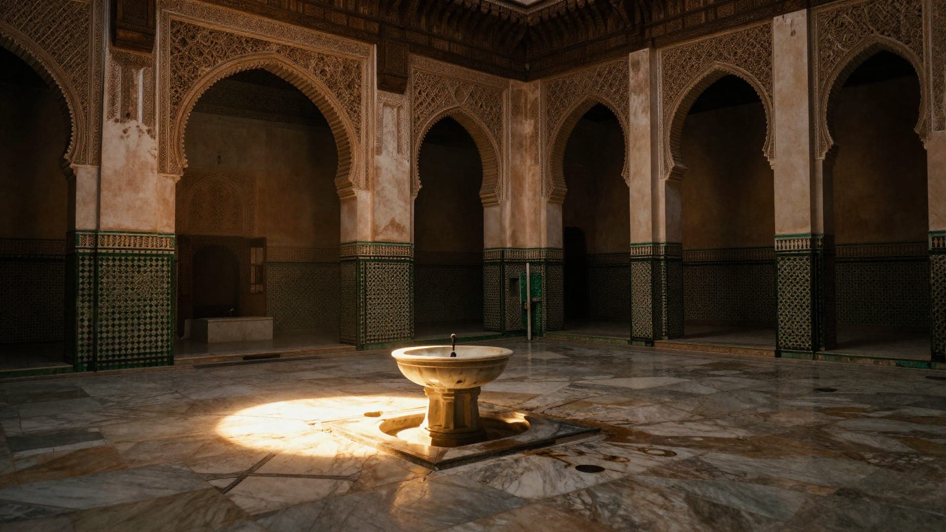 Carved cedar and zellige courtyard of the Bou Inania Madrasa in Fes