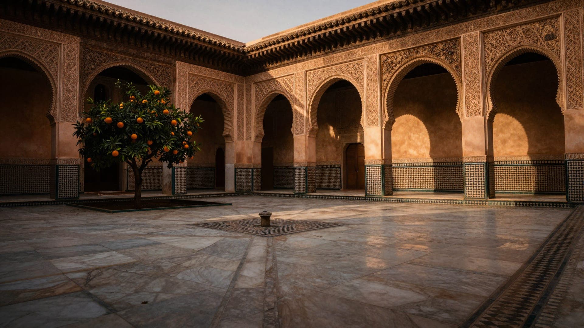 The arcaded courtyard of the Bahia Palace in warm evening light