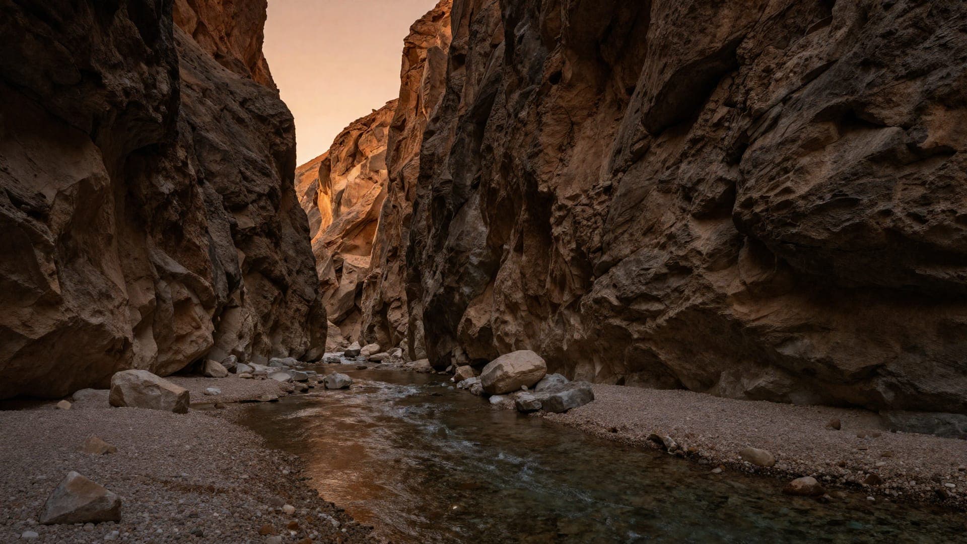 Sheer canyon walls of the Todra Gorge above its shallow clear river