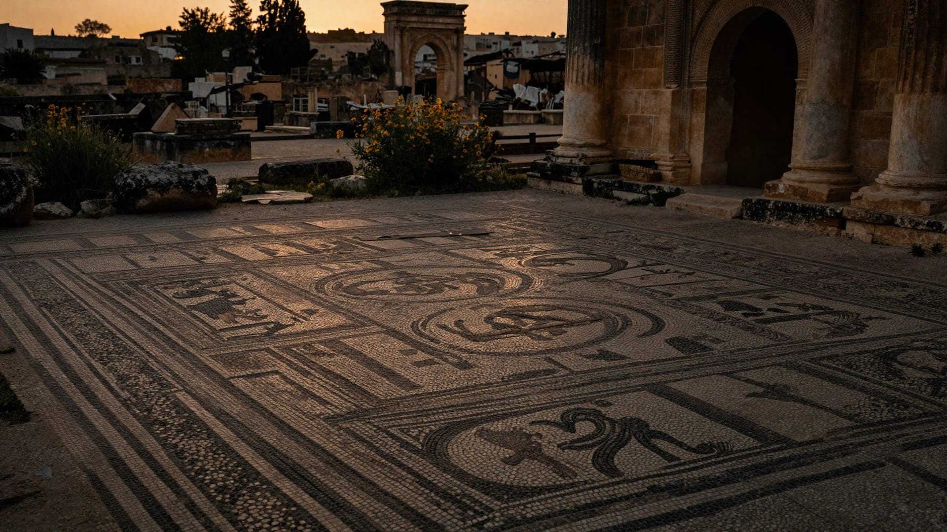 Roman floor mosaic among the ruins of Volubilis in raking evening light