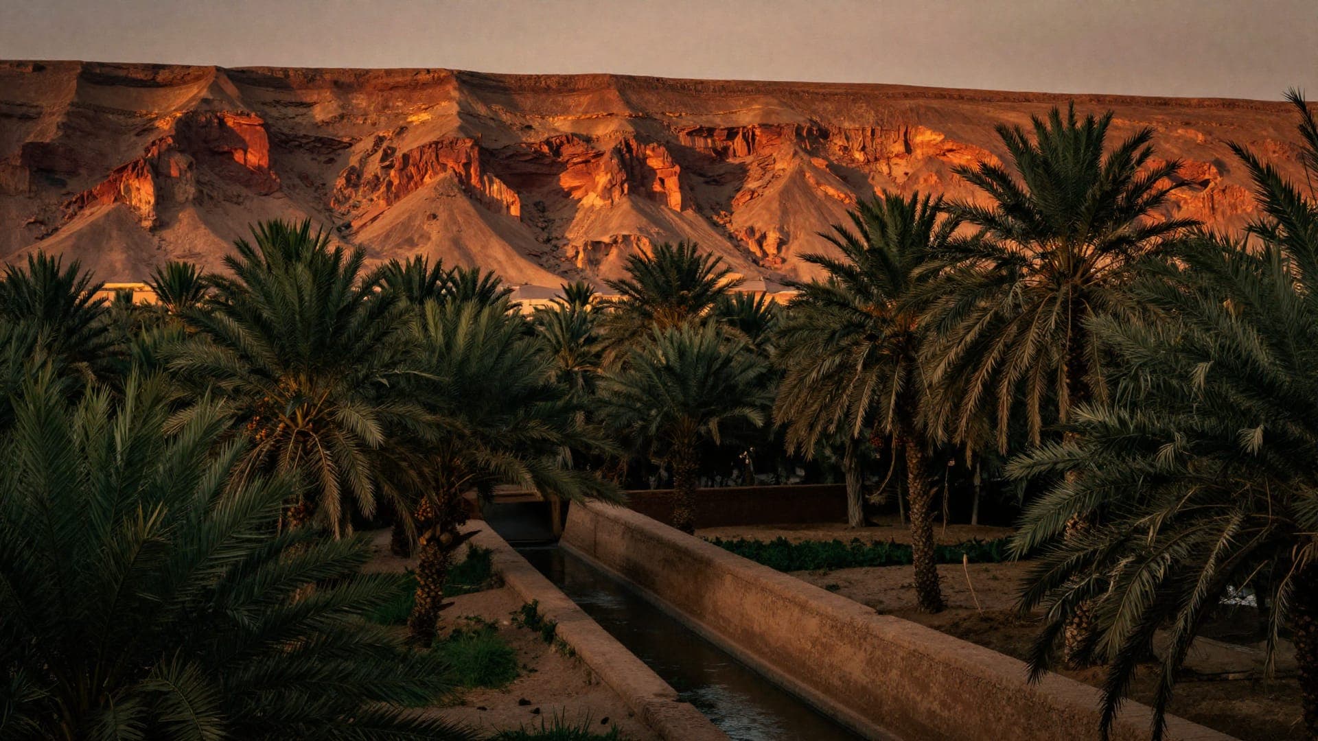 Date palms of the Ziz Valley oasis beneath red canyon walls