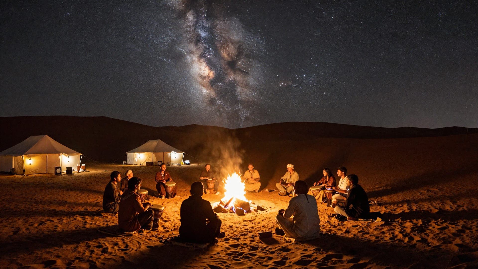 Firelight and drums at a Sahara camp beneath the Milky Way