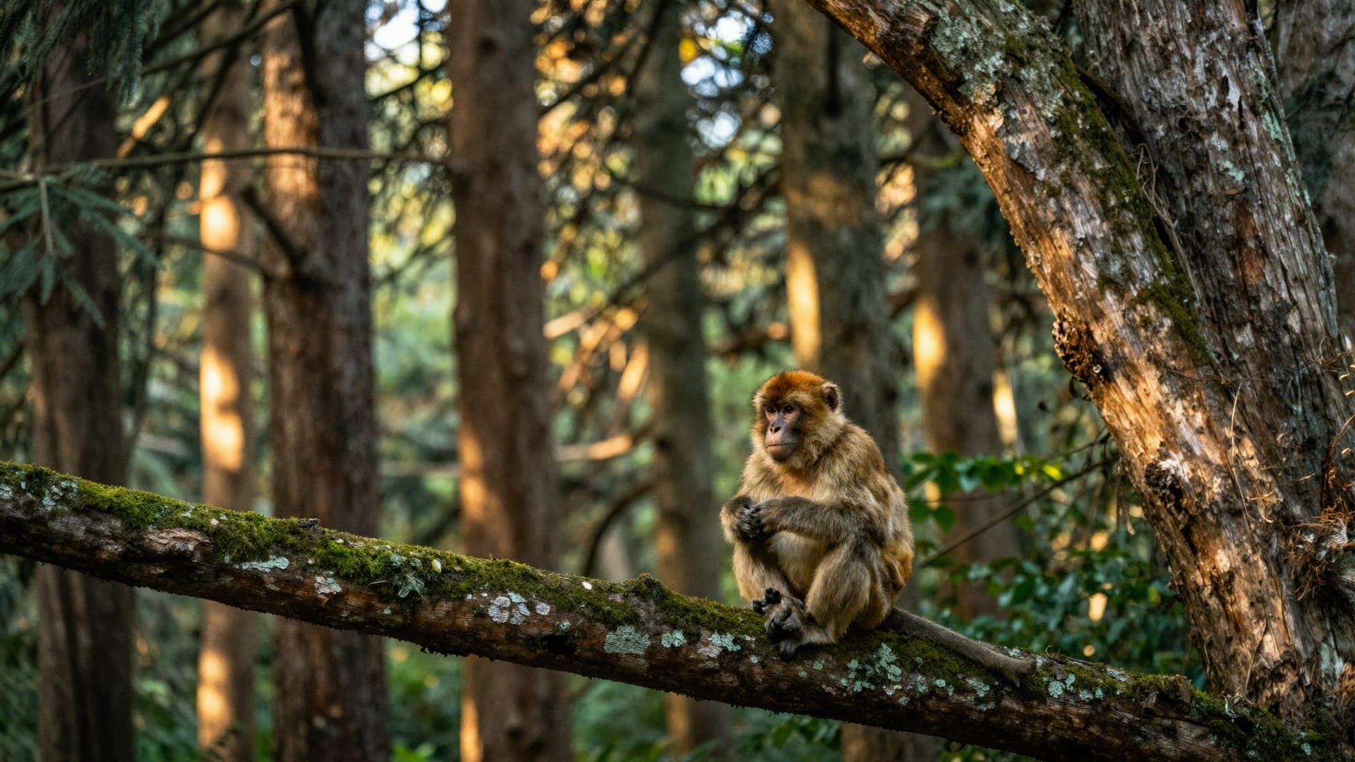 A Barbary macaque among the ancient cedars of the Azrou forest