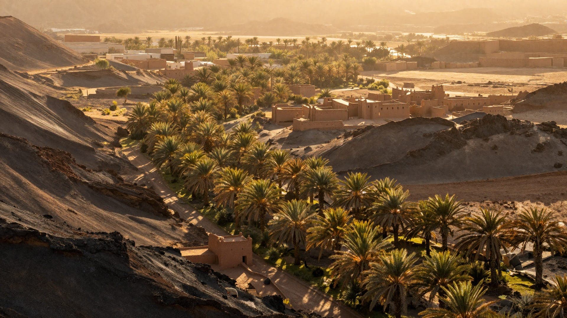 The Draa Valley's palm corridor threading between dark ridges near Agdz