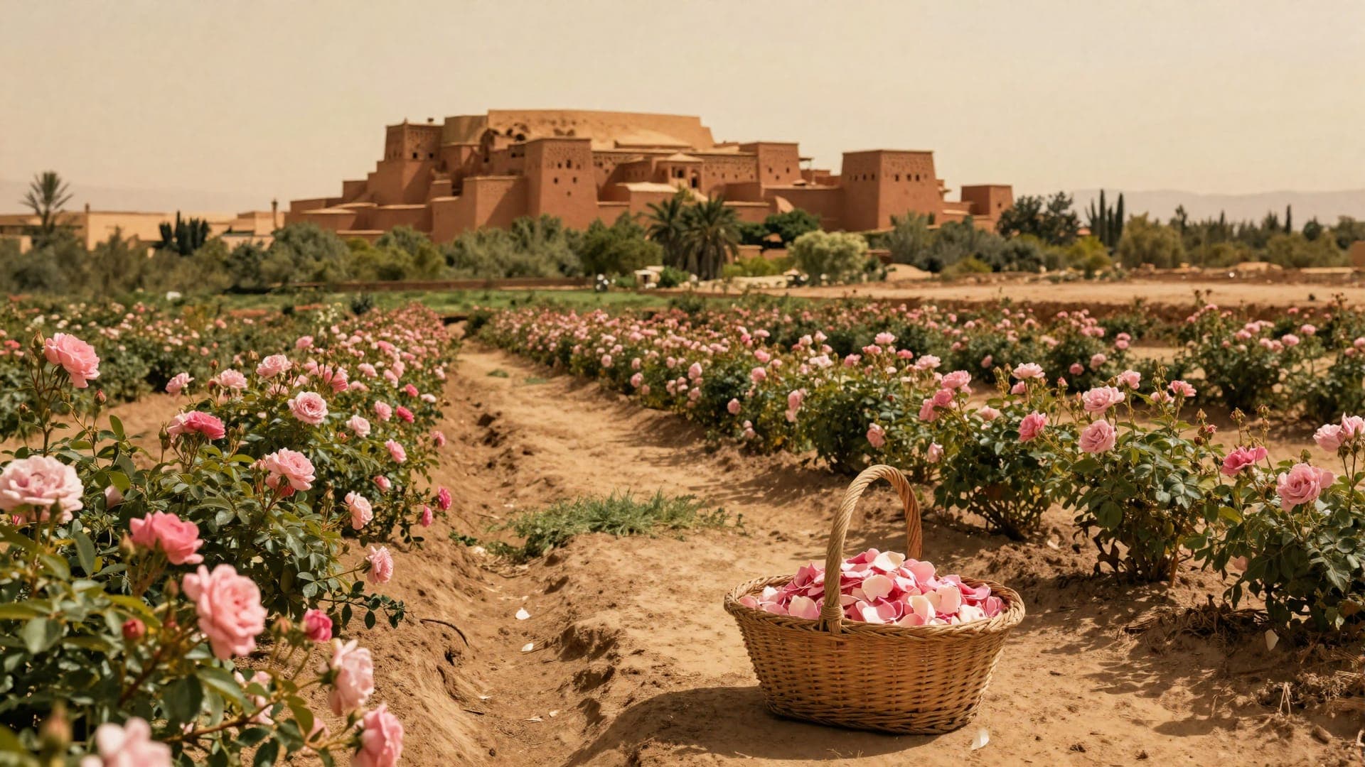 Damask roses in bloom along the irrigation channels of the Valley of Roses