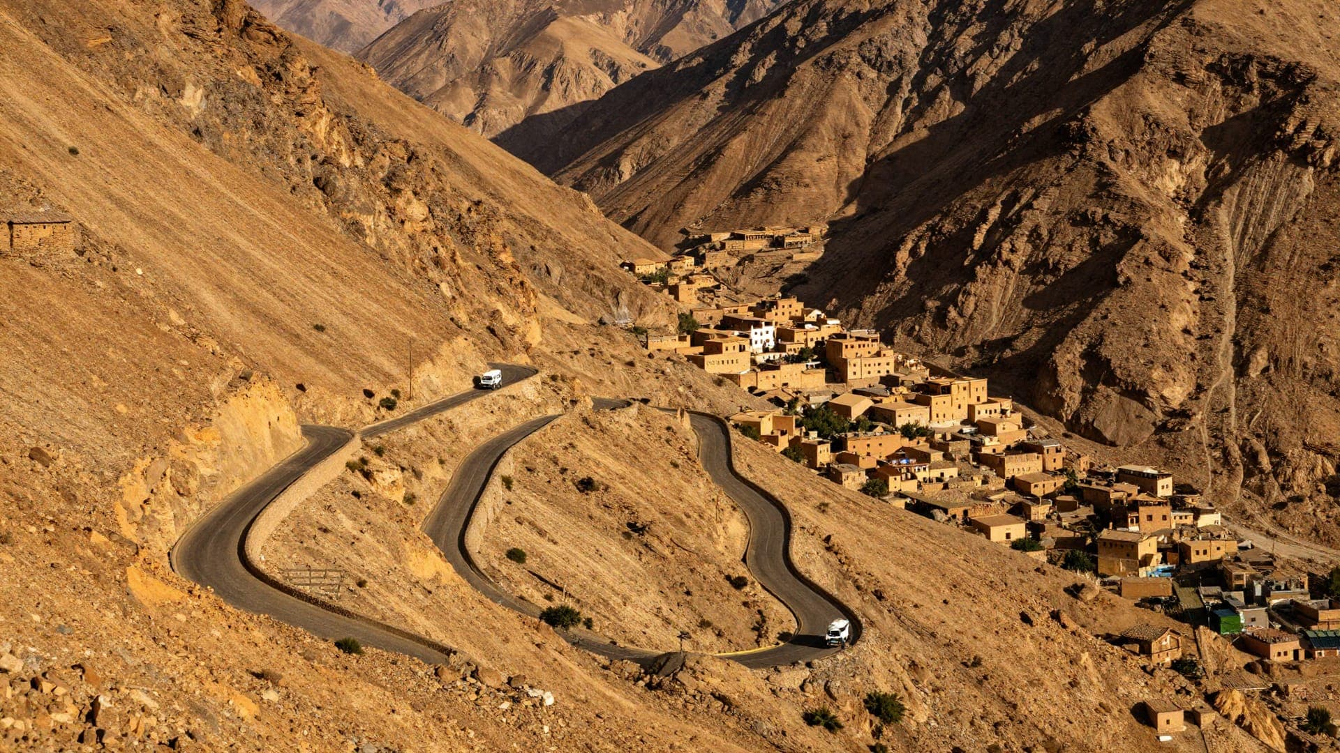 The switchbacks of the Tizi n'Tichka pass climbing the High Atlas