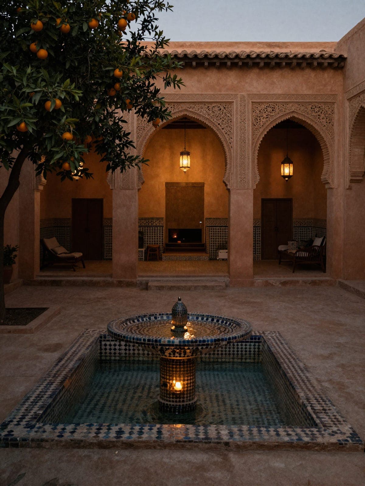 A quiet riad courtyard at dusk in Marrakech