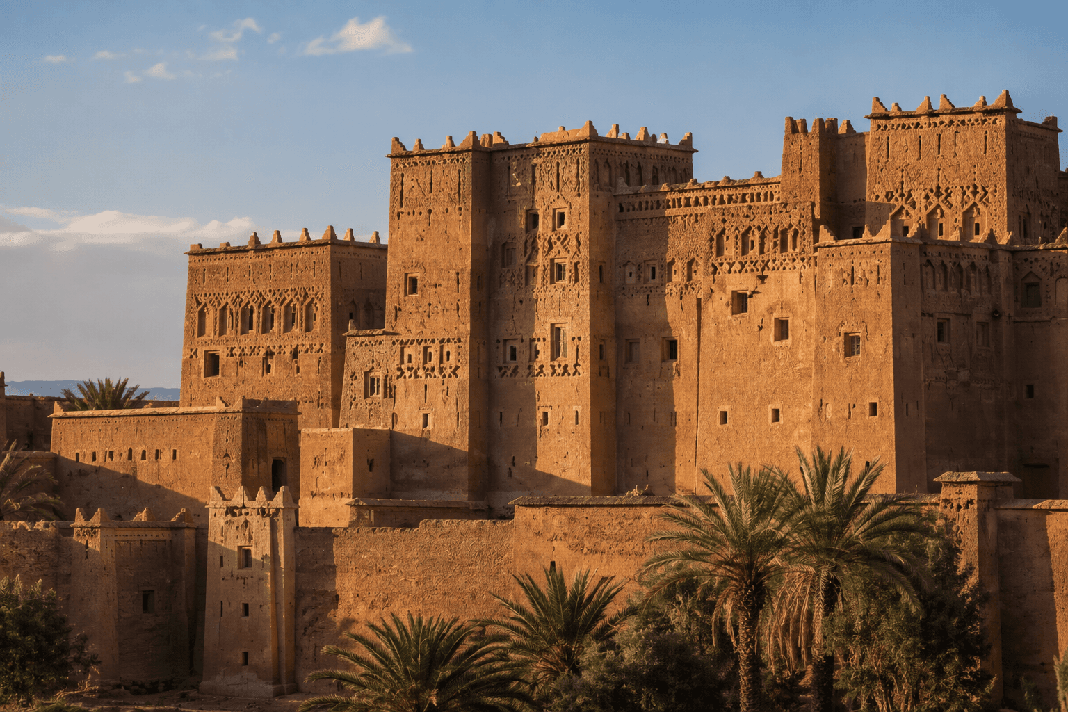 The crenellated rammed-earth towers of the Taourirt Kasbah at Ouarzazate in late light