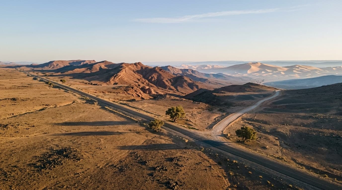An unpaved piste leaving the sealed road in southern Morocco and running toward distant dunes at low sun