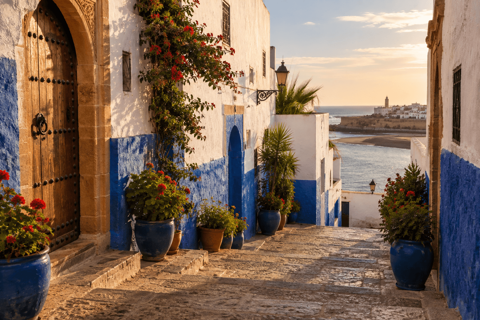 A blue-and-white lane in the Kasbah of the Udayas in Rabat