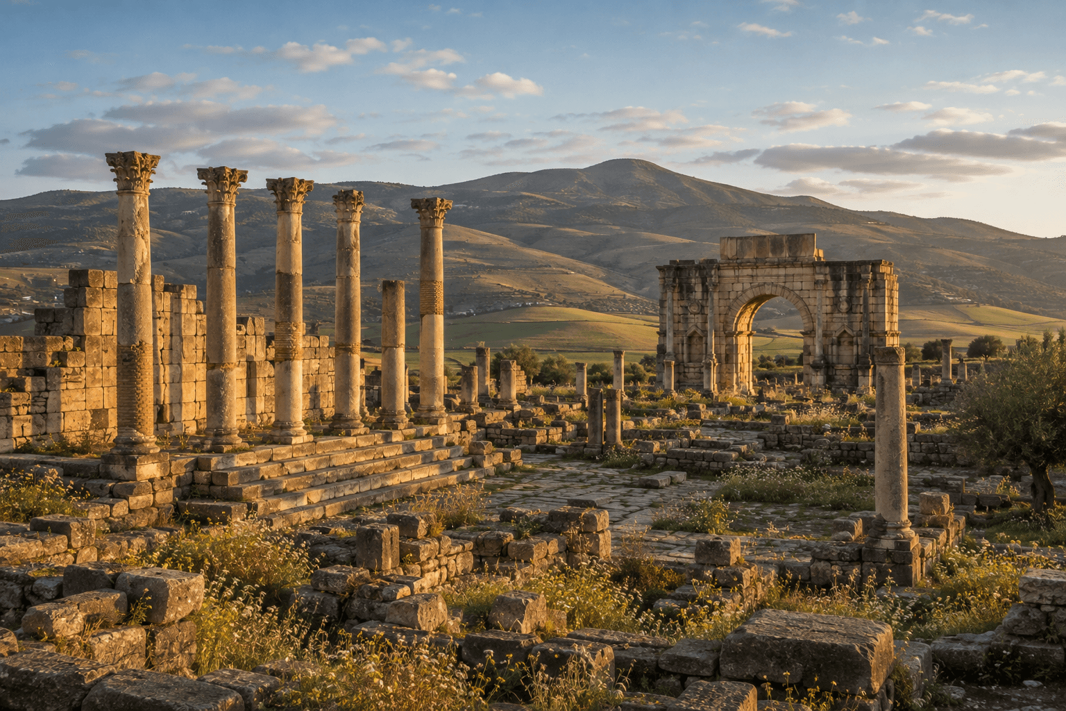The standing columns and triumphal arch of Roman Volubilis on an open plain
