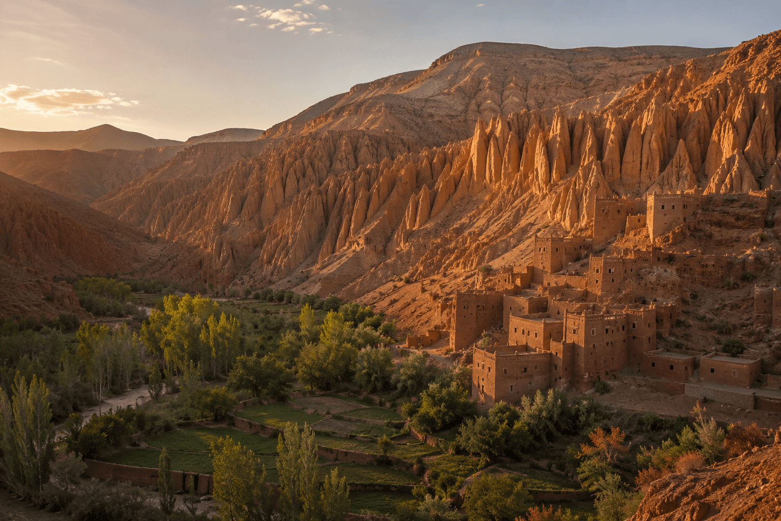 Eroded rock formations above the green floor of the Dades Valley with earthen kasbahs on the slope