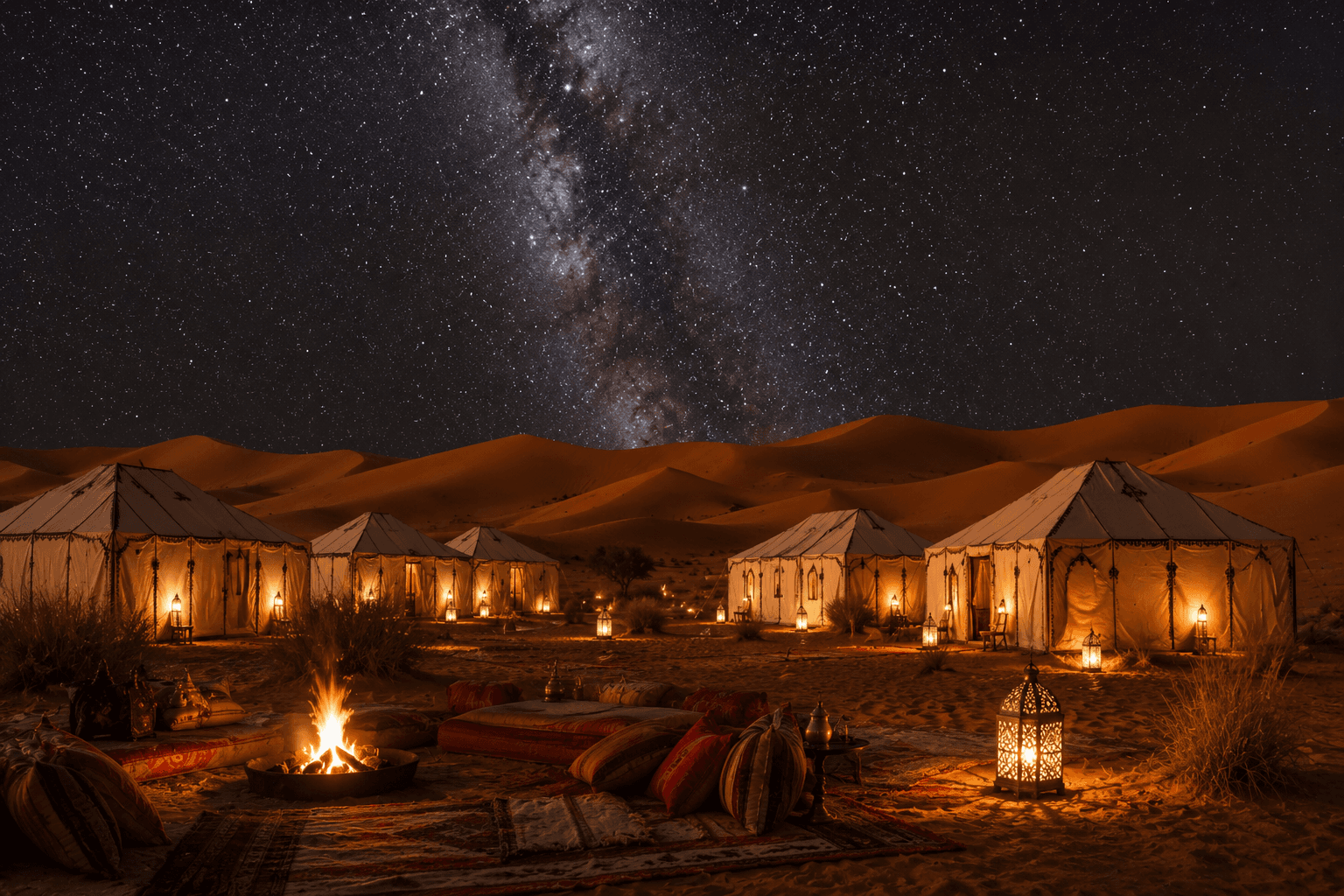 Lantern-lit tents of a desert camp among the dunes of Erg Chebbi beneath the Milky Way