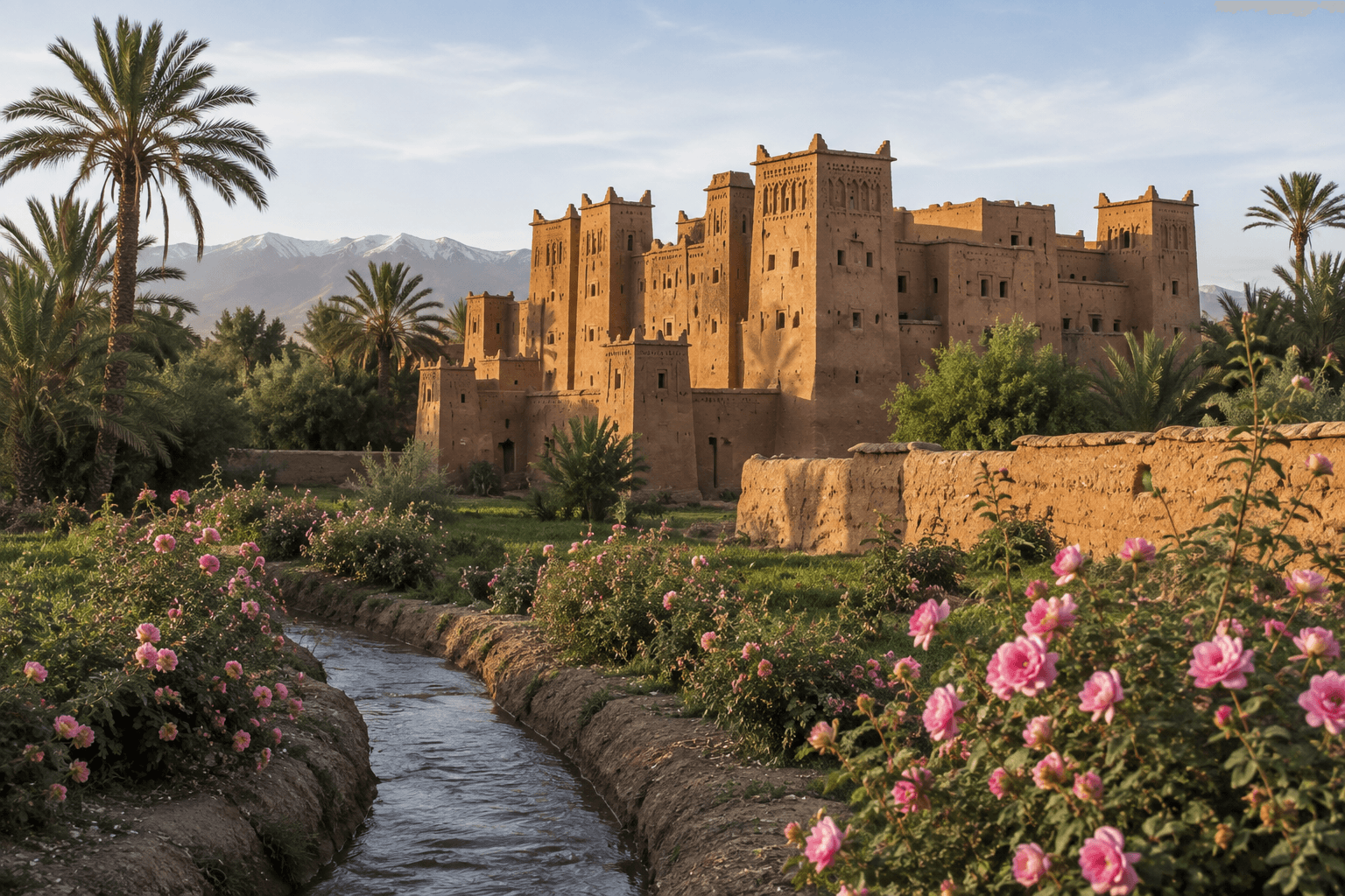 Kasbah Amridil rising from the Skoura palm oasis with damask roses along an irrigation channel