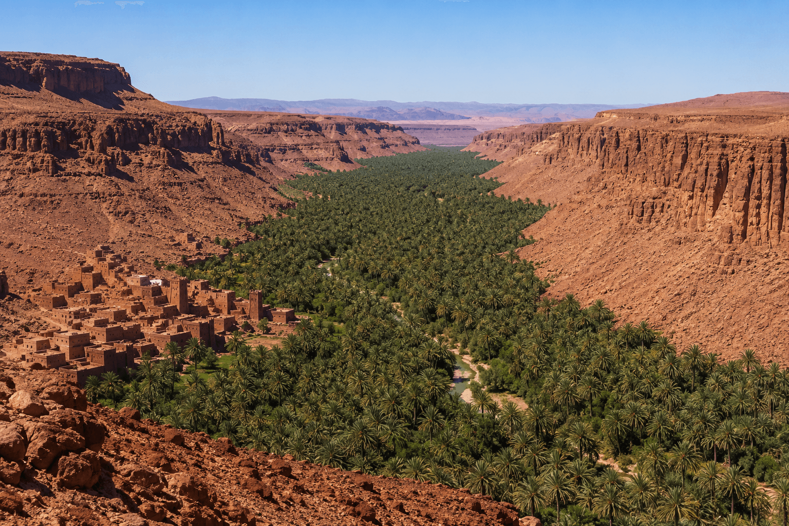 A dense corridor of date palms following the Ziz river between red canyon walls